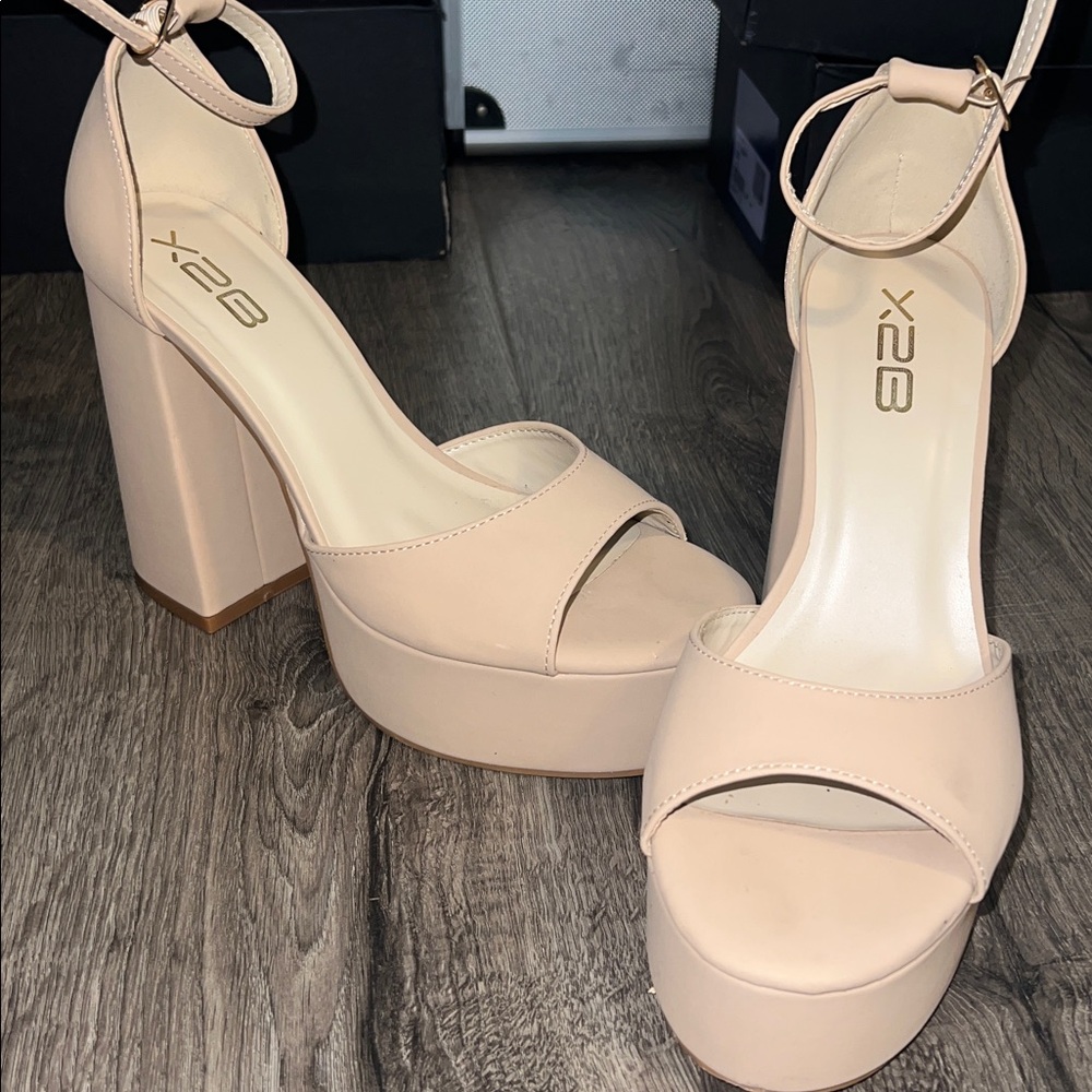 Beige Platform Heels with Ankle Strap